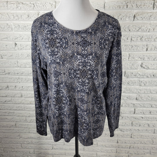 Croft & Barrow Blue Gray Paisley T-Shirt Women XL 100% Cotton Long Sleeve PAI24E