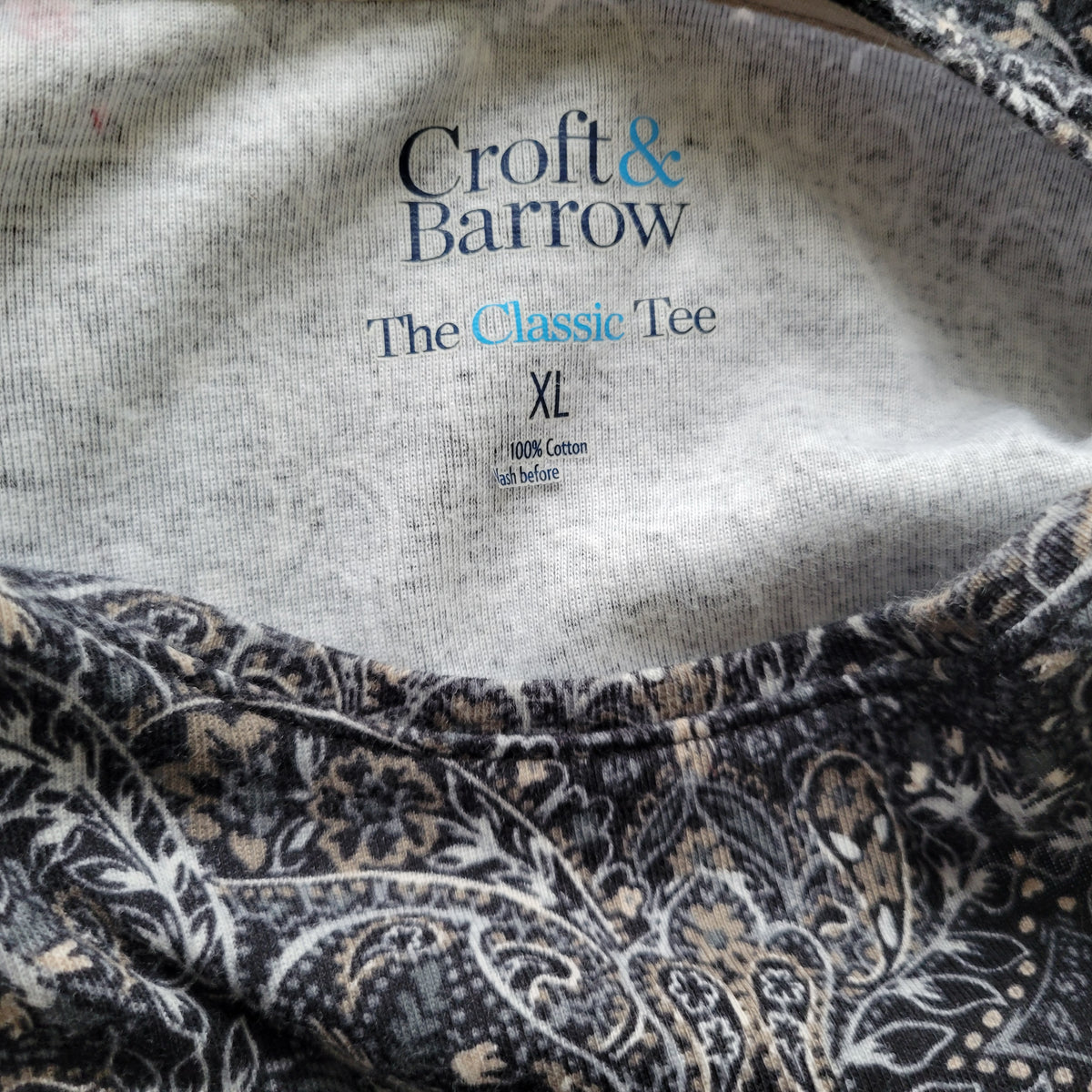 Croft & Barrow Blue Gray Paisley T-Shirt Women XL 100% Cotton Long Sleeve PAI24E