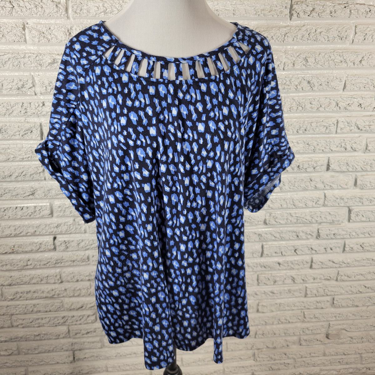 Kim Rogers Blue Watercolor Tunic Blouse Women Plus 2X Lattice Neck WAT45E