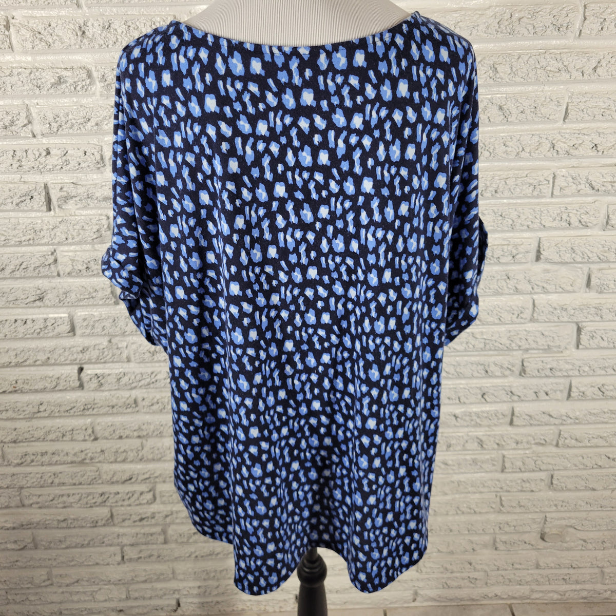 Kim Rogers Blue Watercolor Tunic Blouse Women Plus 2X Lattice Neck WAT45E