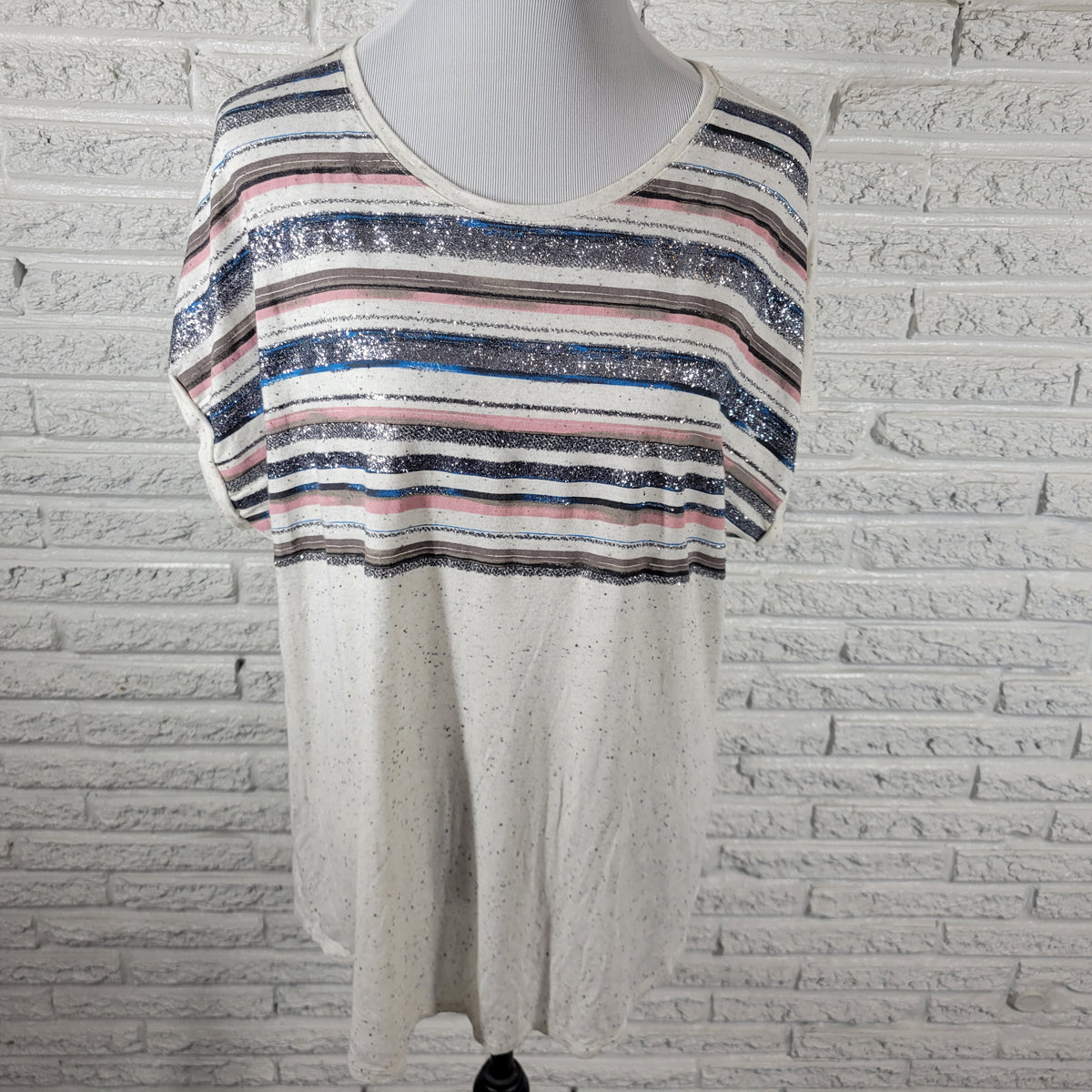 Apt 9 Women XL Sparkle Blue Pink Stripe Tee Pullover Blouse Cotton STR89E