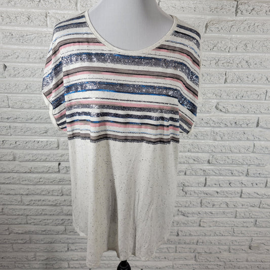 Apt 9 Women XL Sparkle Blue Pink Stripe Tee Pullover Blouse Cotton STR89E