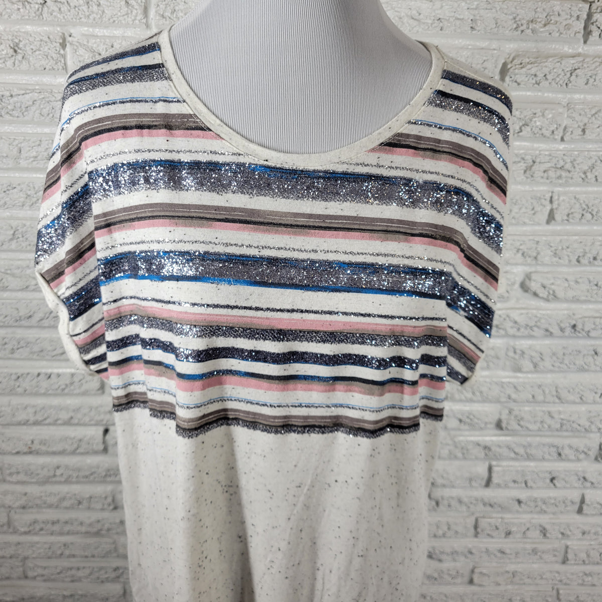 Apt 9 Women XL Sparkle Blue Pink Stripe Tee Pullover Blouse Cotton STR89E