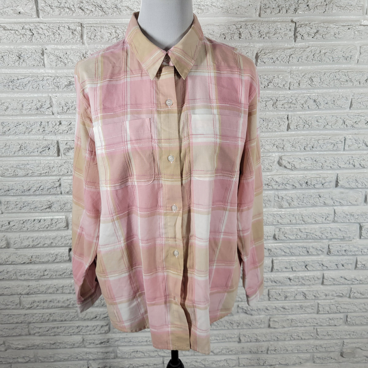Alfred Dunner Blouse Women 20 Pink Tan Plaid Embroidered Roll Tab Sleeve PLA29E