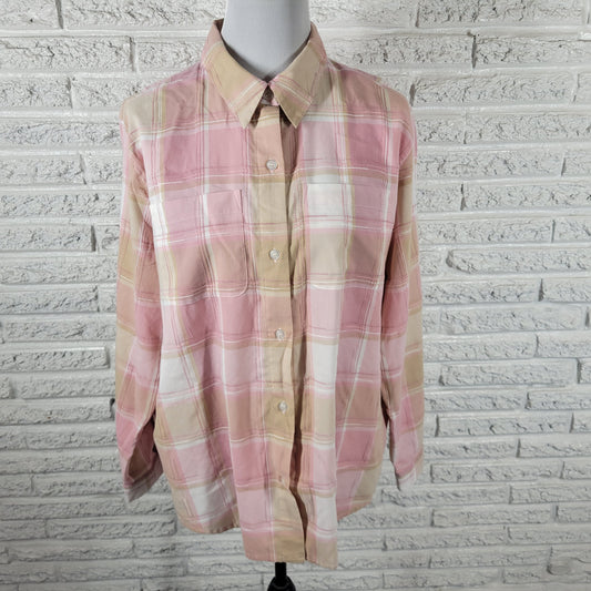 Alfred Dunner Blouse Women 20 Pink Tan Plaid Embroidered Roll Tab Sleeve PLA29E