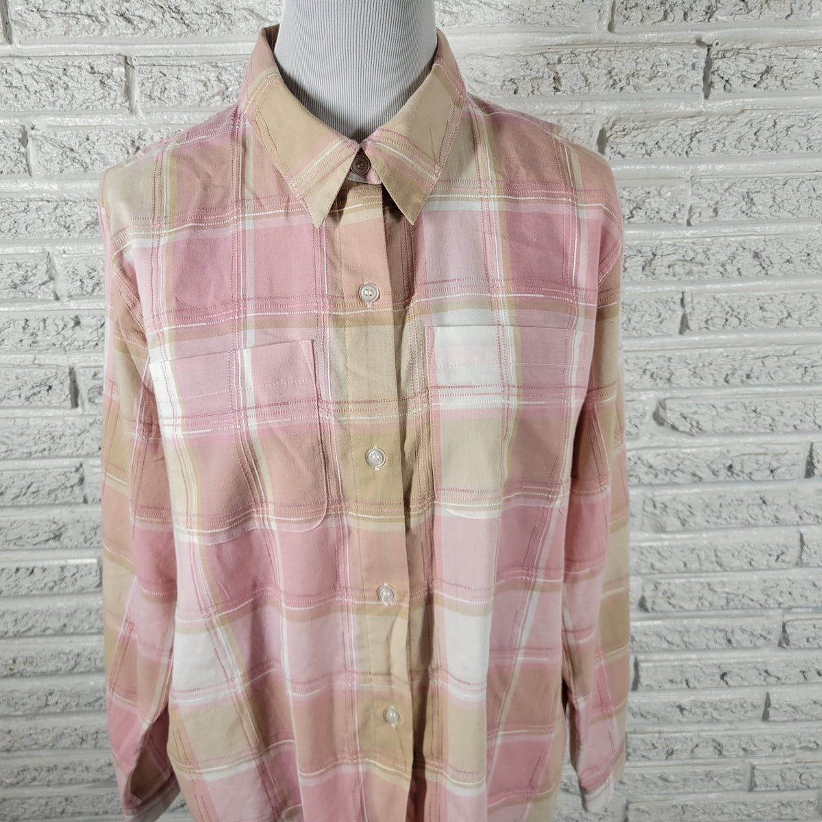 Alfred Dunner Blouse Women 20 Pink Tan Plaid Embroidered Roll Tab Sleeve PLA29E