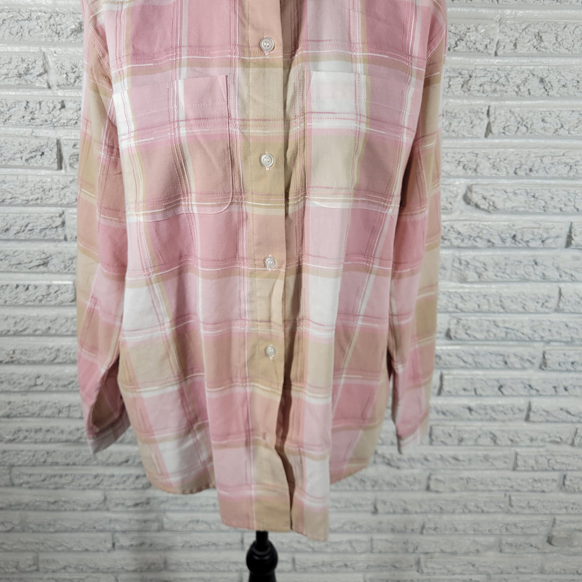 Alfred Dunner Blouse Women 20 Pink Tan Plaid Embroidered Roll Tab Sleeve PLA29E