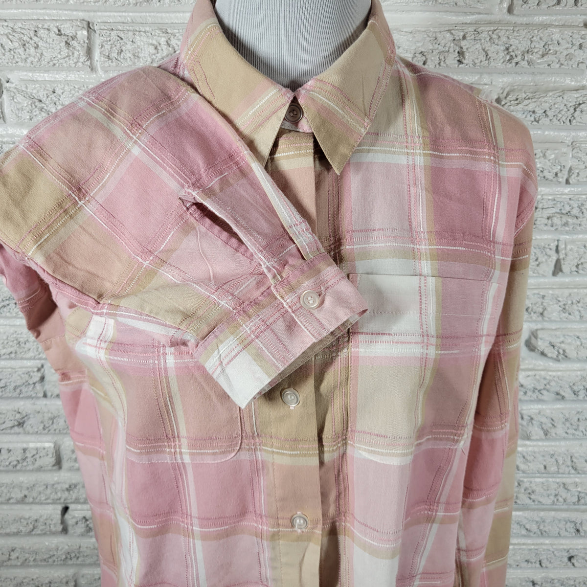 Alfred Dunner Blouse Women 20 Pink Tan Plaid Embroidered Roll Tab Sleeve PLA29E