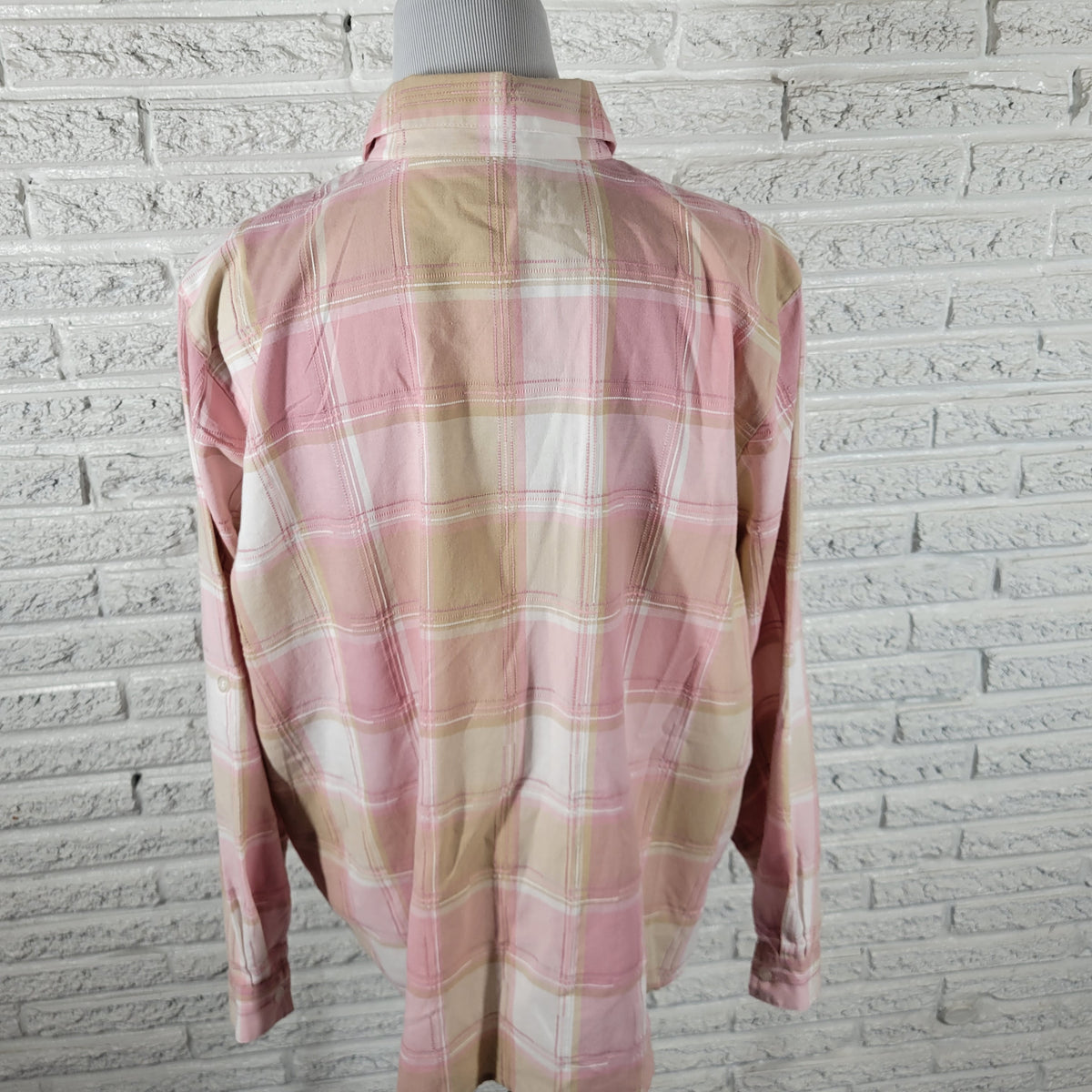 Alfred Dunner Blouse Women 20 Pink Tan Plaid Embroidered Roll Tab Sleeve PLA29E