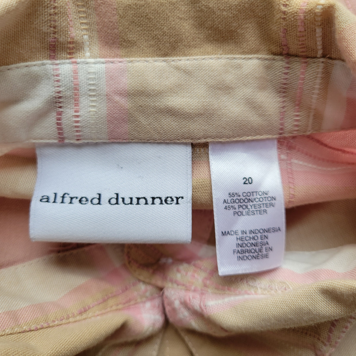 Alfred Dunner Blouse Women 20 Pink Tan Plaid Embroidered Roll Tab Sleeve PLA29E