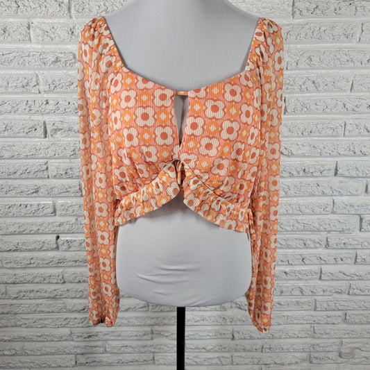 Madden NYC Womens XL Orange Floral Crop Top Retro Long Sleeve FLO275E
