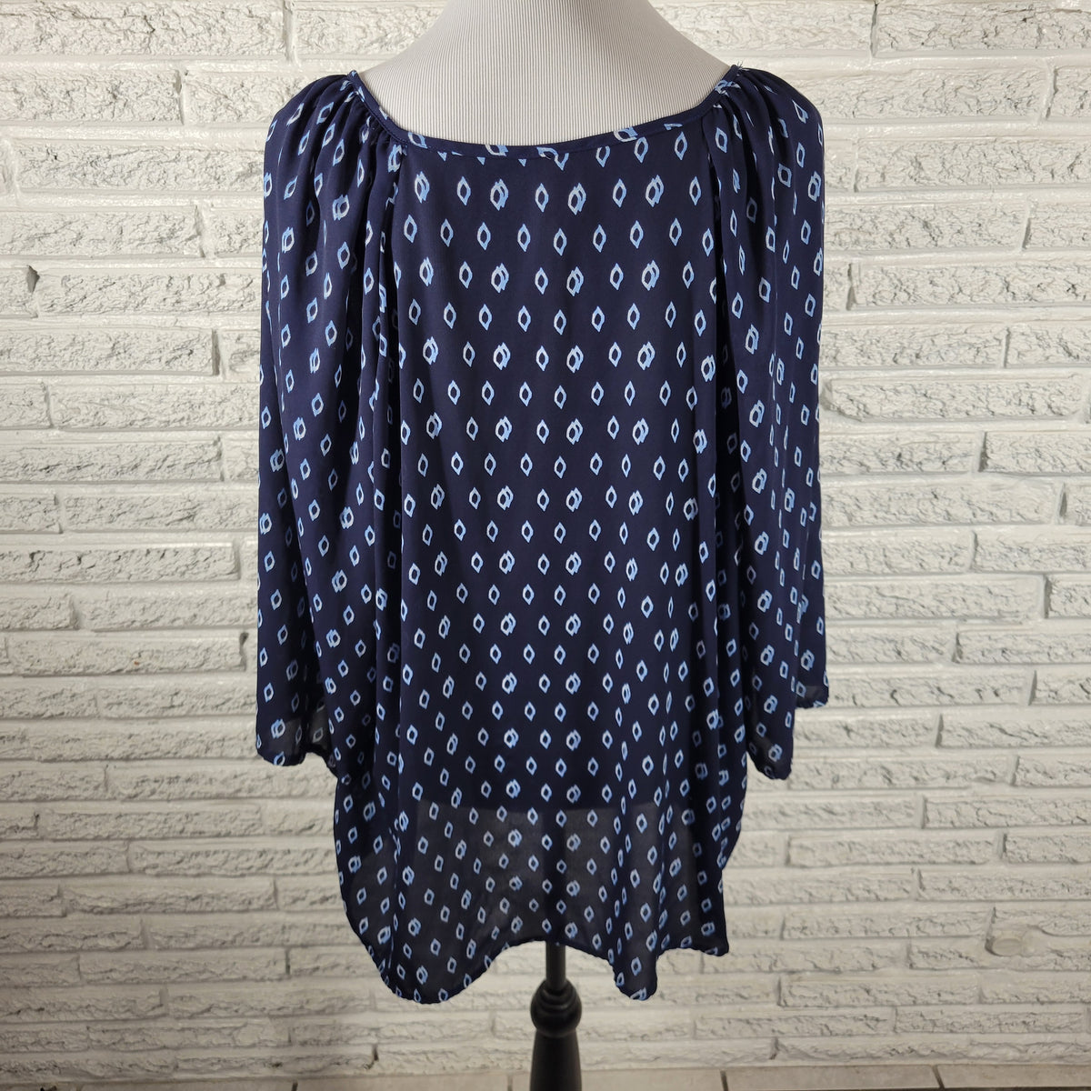 Faded Glory Blue Geometric Tunic Blouse Women 2X Plus Keyhole Sheer GEO205E