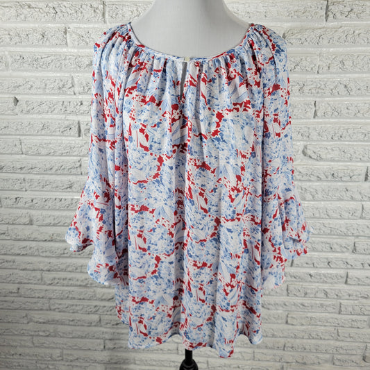 Chaps Boho Blue Red Floral Tunic Blouse Women Plus 3X Bell Sleeve FLO273E