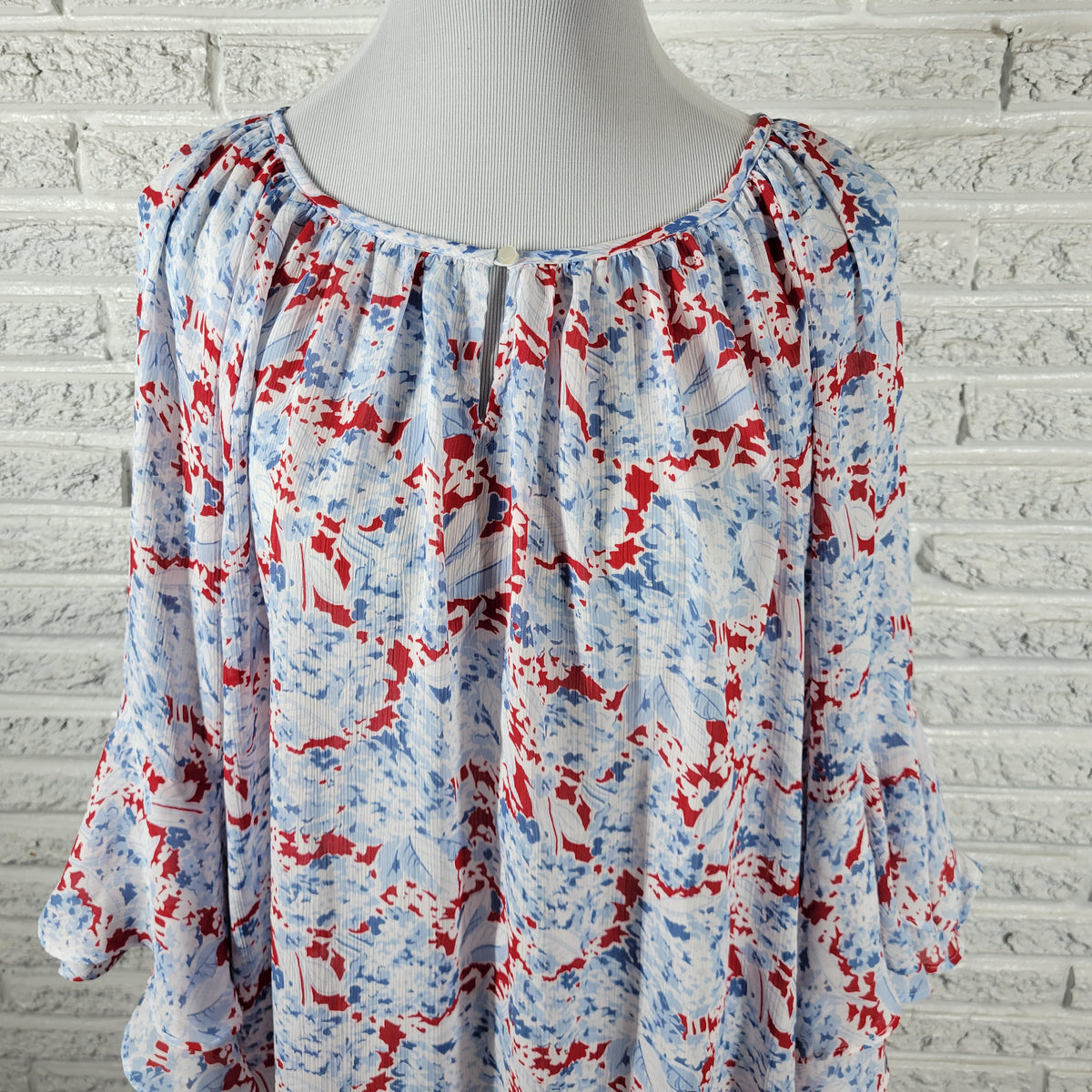 Chaps Boho Blue Red Floral Tunic Blouse Women Plus 3X Bell Sleeve FLO273E
