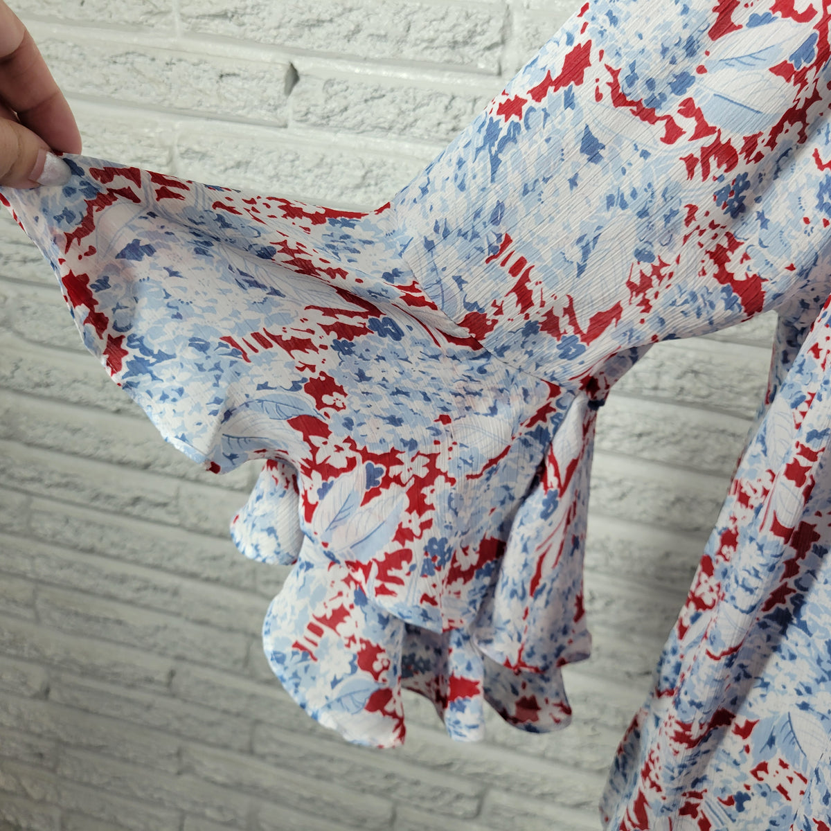 Chaps Boho Blue Red Floral Tunic Blouse Women Plus 3X Bell Sleeve FLO273E