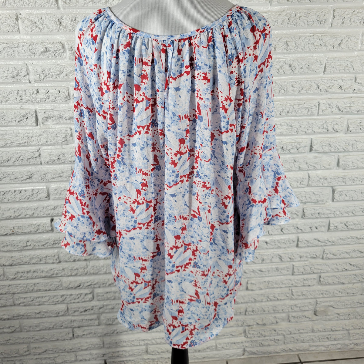Chaps Boho Blue Red Floral Tunic Blouse Women Plus 3X Bell Sleeve FLO273E