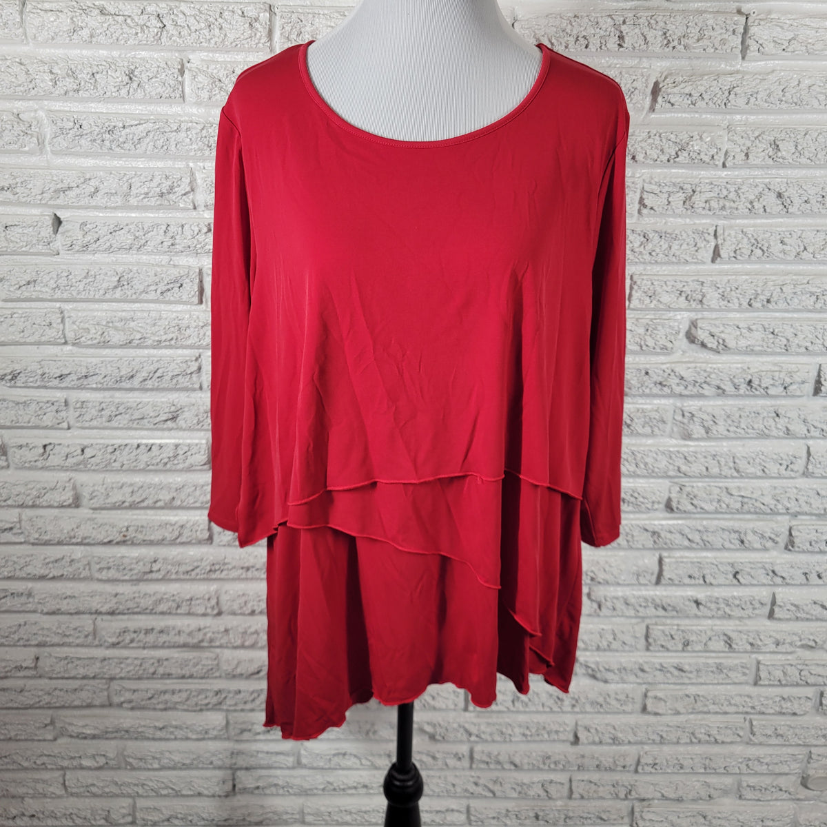 Chicos Red Tiered Asymmetric Tunic Blouse Women XL 3/4 Sleeve Stretch RED10E