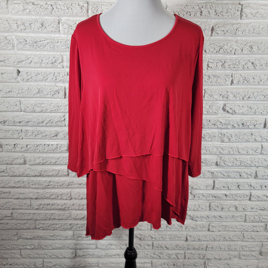 Chicos Red Tiered Asymmetric Tunic Blouse Women XL 3/4 Sleeve Stretch RED10E