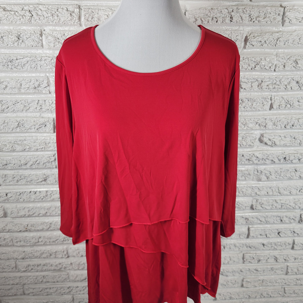 Chicos Red Tiered Asymmetric Tunic Blouse Women XL 3/4 Sleeve Stretch RED10E