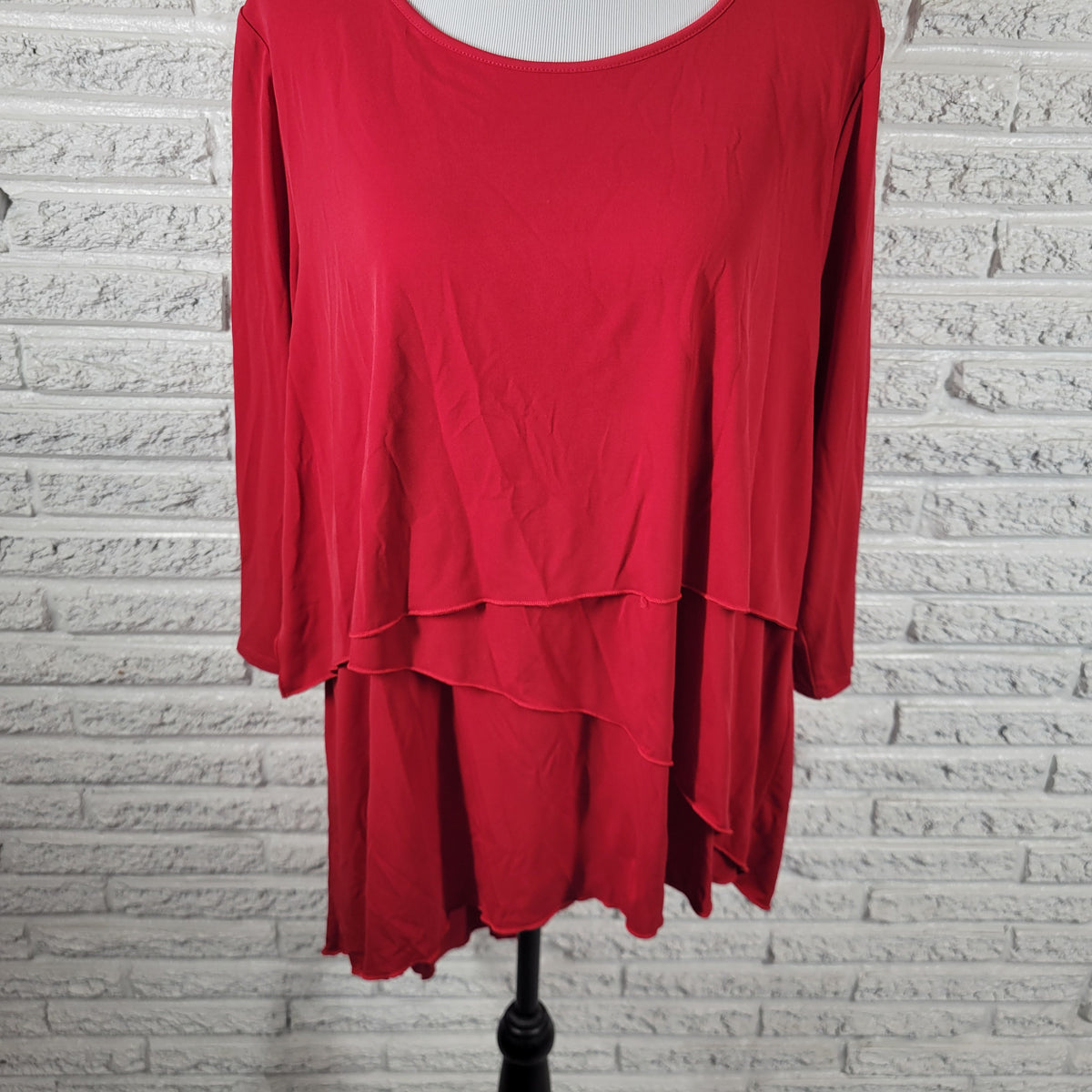 Chicos Red Tiered Asymmetric Tunic Blouse Women XL 3/4 Sleeve Stretch RED10E
