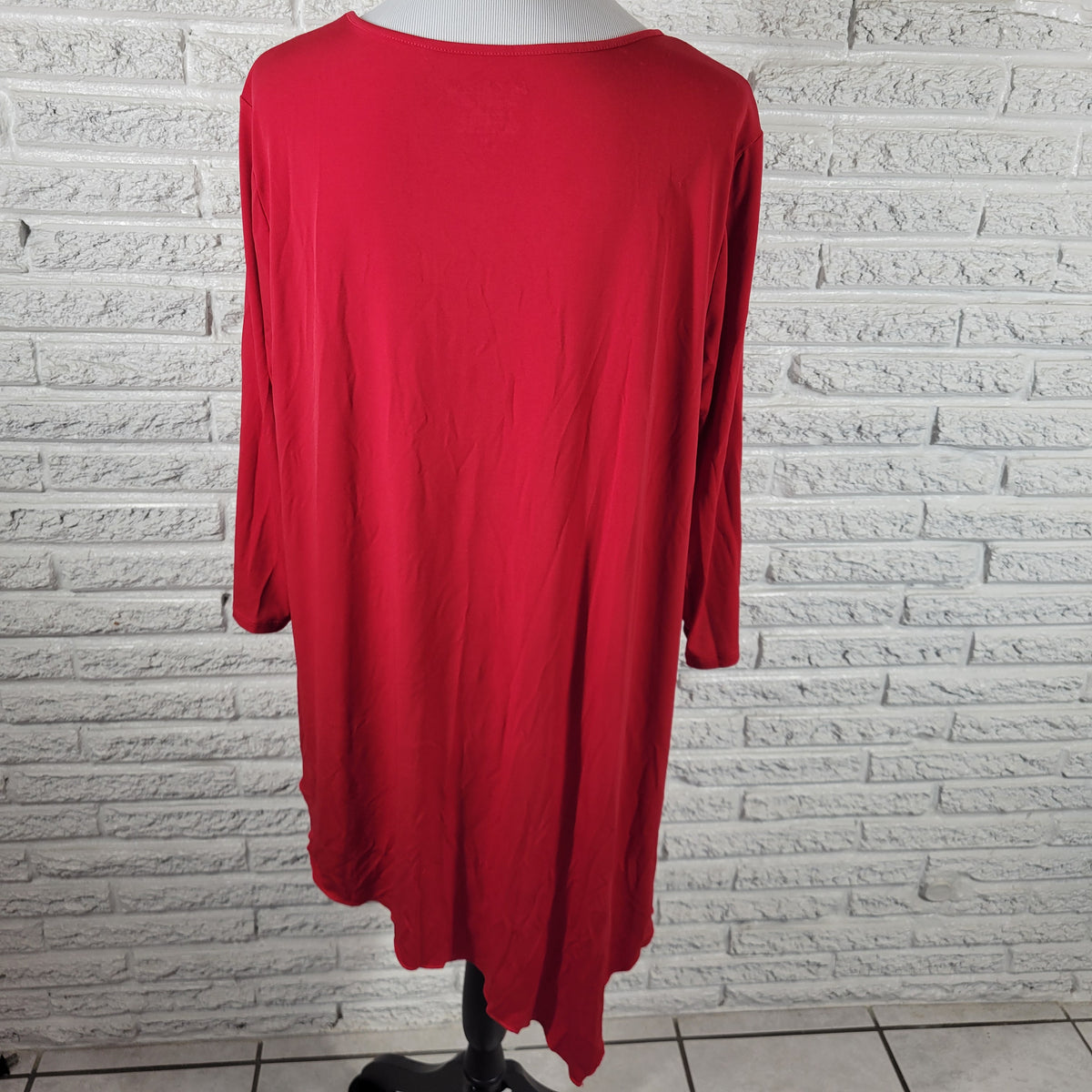 Chicos Red Tiered Asymmetric Tunic Blouse Women XL 3/4 Sleeve Stretch RED10E