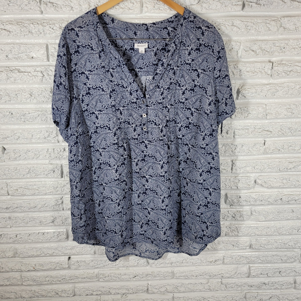 Westport Blue White Paisley Tunic Blouse Women 3X Plus V-Neck Tie Sleeve PAI36E