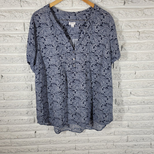 Westport Blue White Paisley Tunic Blouse Women 3X Plus V-Neck Tie Sleeve PAI36E