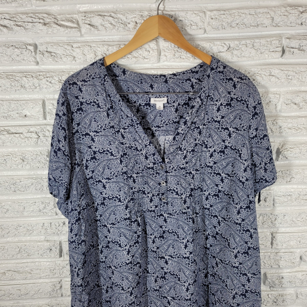 Westport Blue White Paisley Tunic Blouse Women 3X Plus V-Neck Tie Sleeve PAI36E