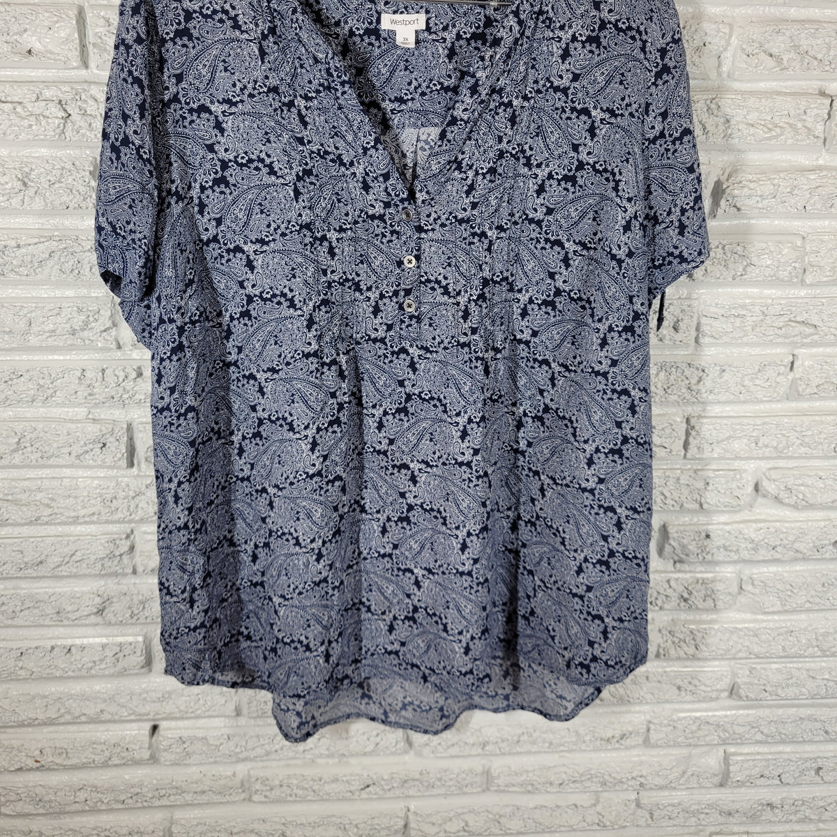 Westport Blue White Paisley Tunic Blouse Women 3X Plus V-Neck Tie Sleeve PAI36E