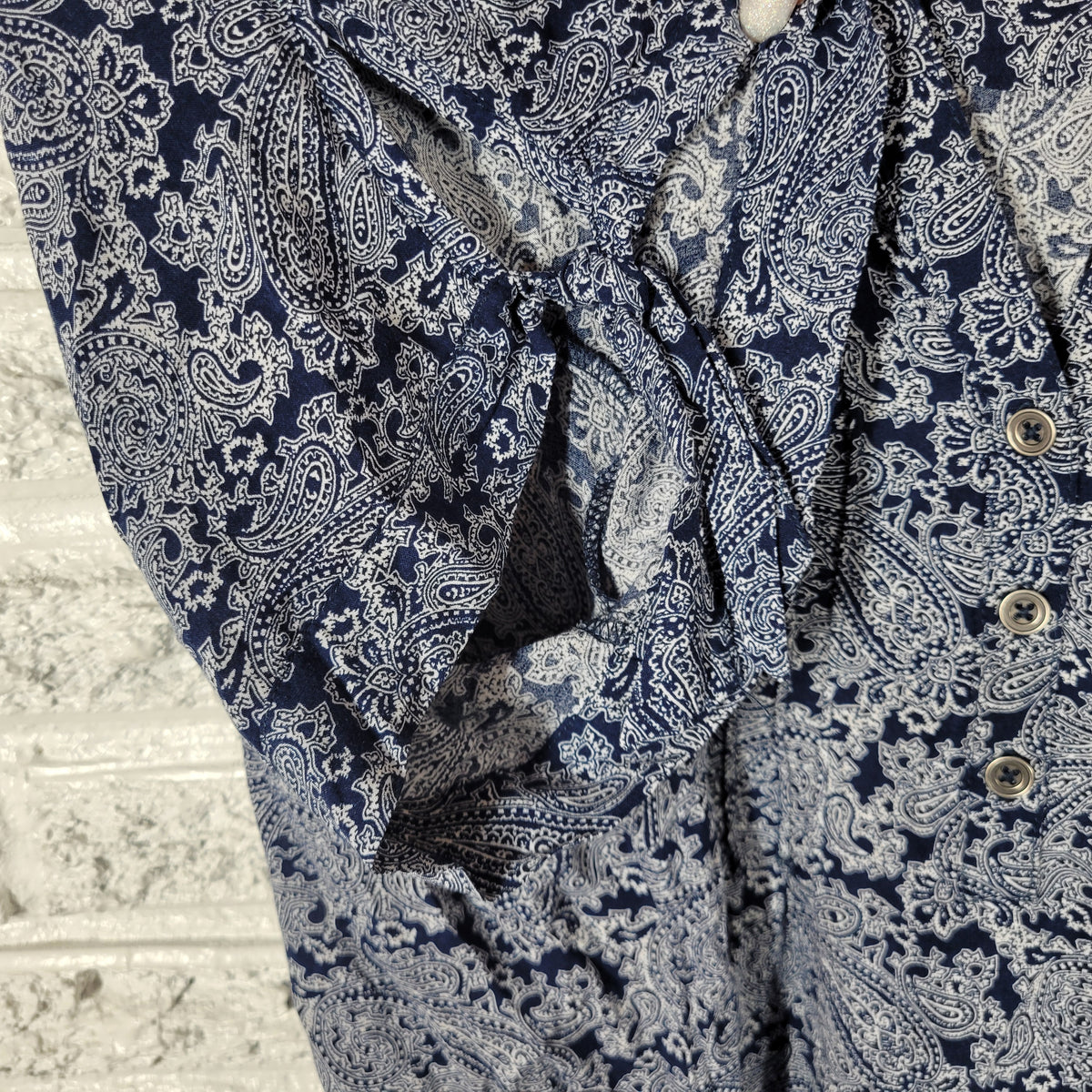 Westport Blue White Paisley Tunic Blouse Women 3X Plus V-Neck Tie Sleeve PAI36E