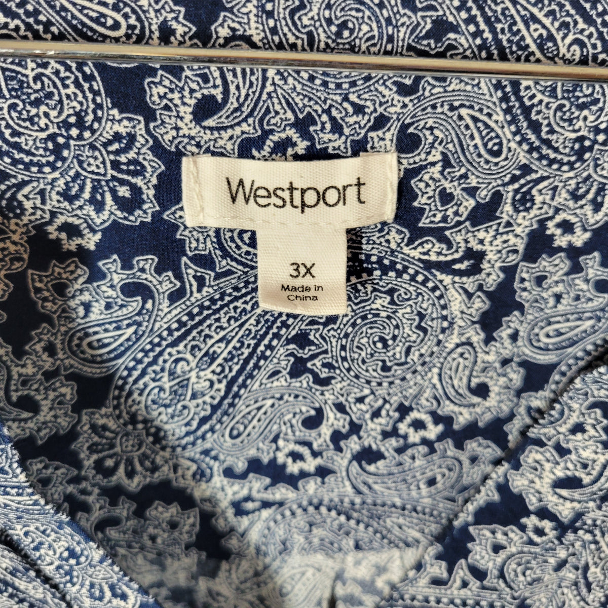Westport Blue White Paisley Tunic Blouse Women 3X Plus V-Neck Tie Sleeve PAI36E