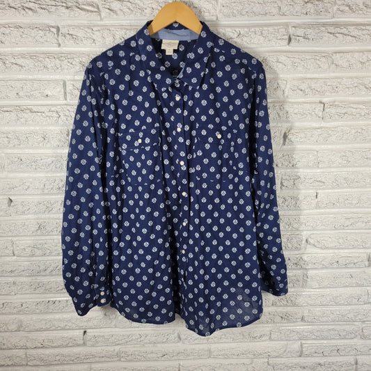 St. John's Bay Blue White Floral Shirt Women 3X Plus 100% Cotton FLO261E