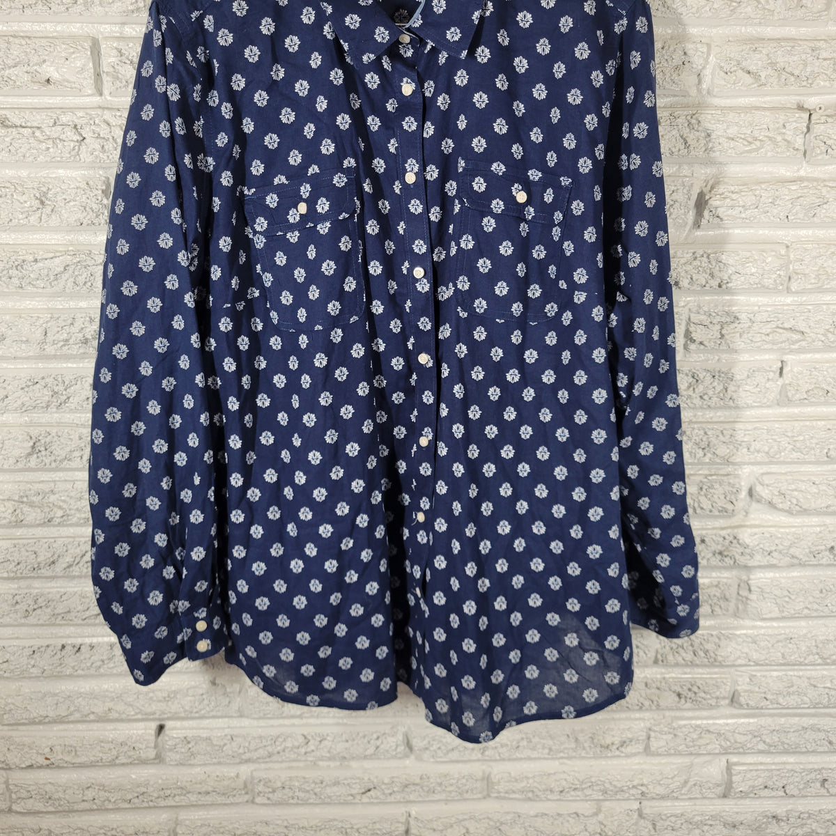 St. John's Bay Blue White Floral Shirt Women 3X Plus 100% Cotton FLO261E