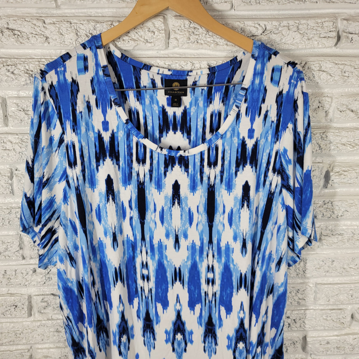 JM Collection Blue White Watercolor Tee Women 3X Plus Short Sleeve Tunic WAT103E