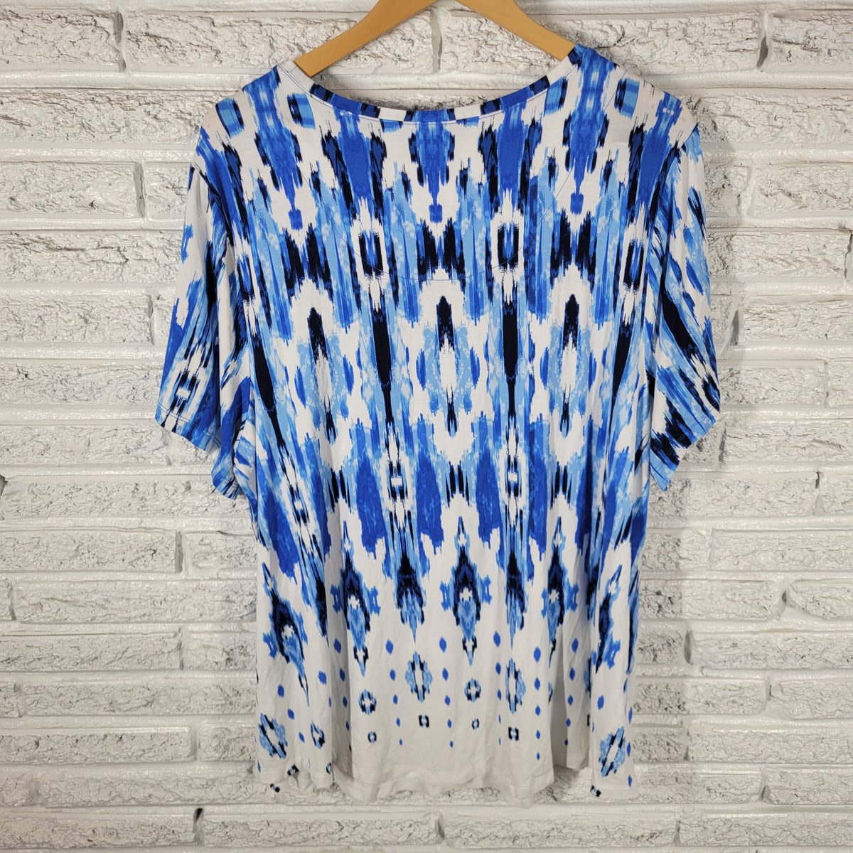 JM Collection Blue White Watercolor Tee Women 3X Plus Short Sleeve Tunic WAT103E