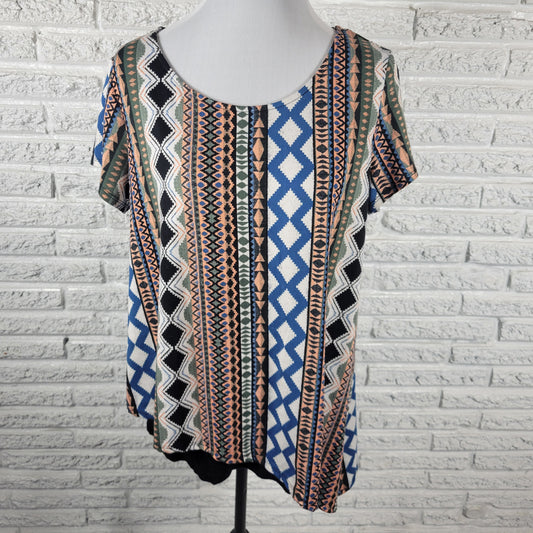 AB Studio XL Top Blouse Short Sleeve Tribal Geometric Multicolor Asymmetrical GEO57XE