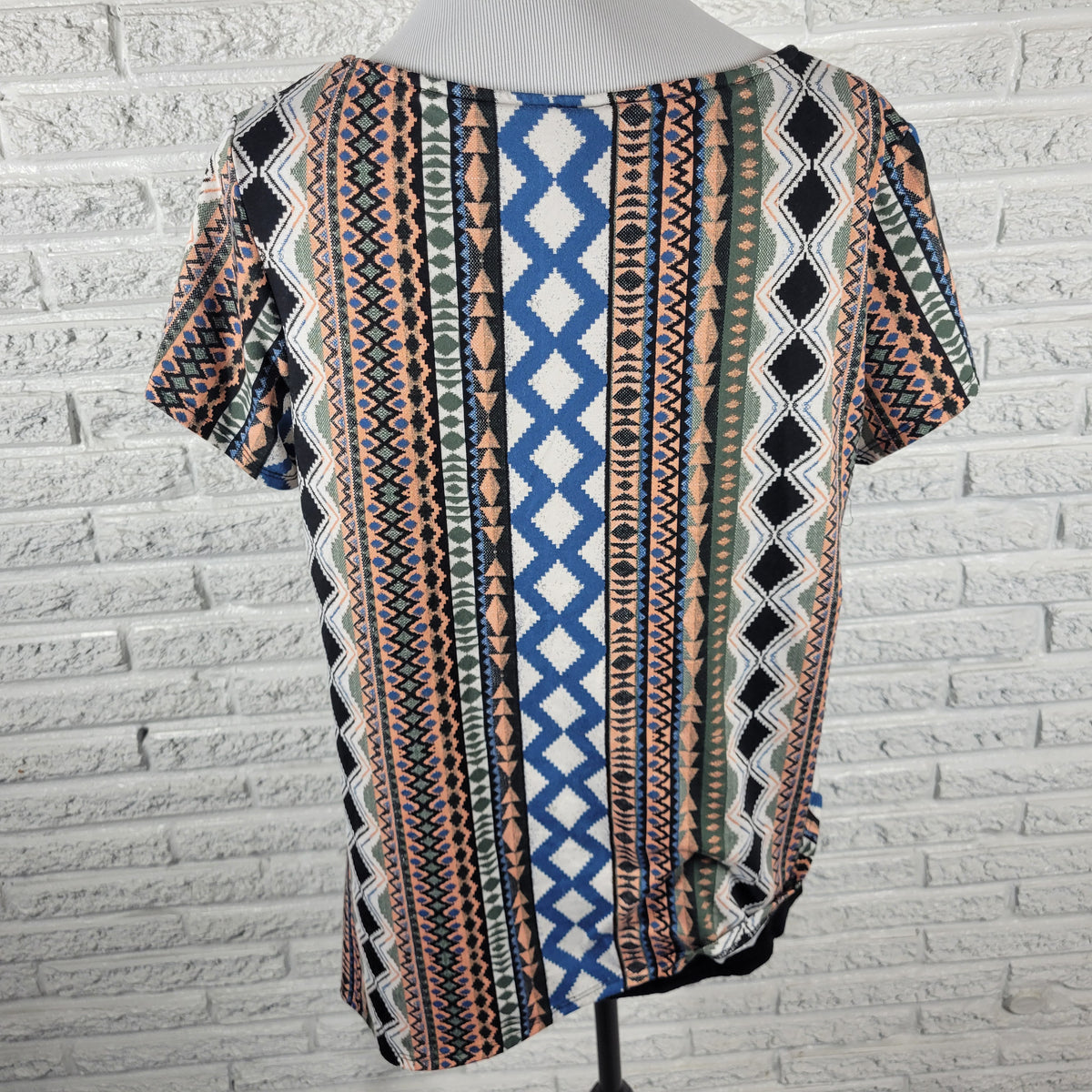 AB Studio XL Top Blouse Short Sleeve Tribal Geometric Multicolor Asymmetrical GEO57XE