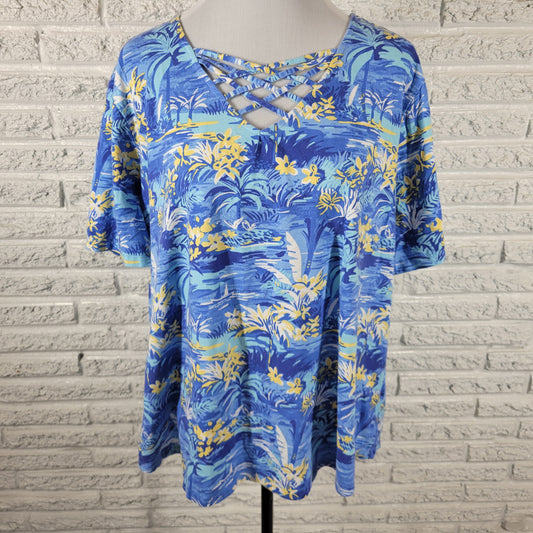 Coral Bay Tee 2X Plus Size Blue Yellow Tropical Floral Cotton V Neck FLO292E