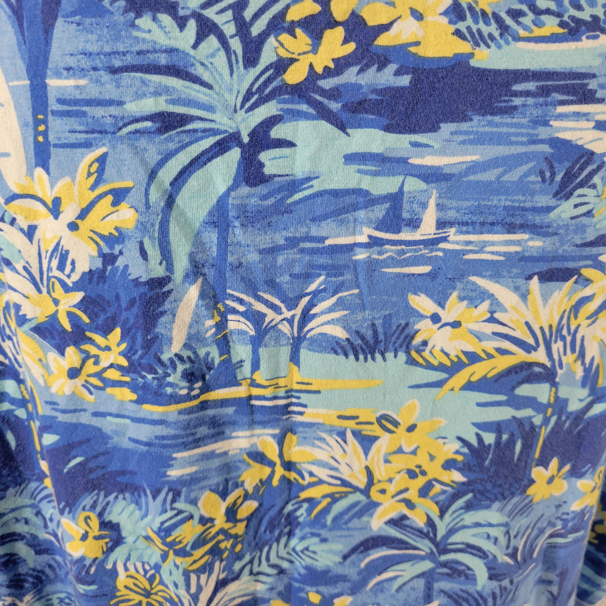 Coral Bay Tee 2X Plus Size Blue Yellow Tropical Floral Cotton V Neck FLO292E