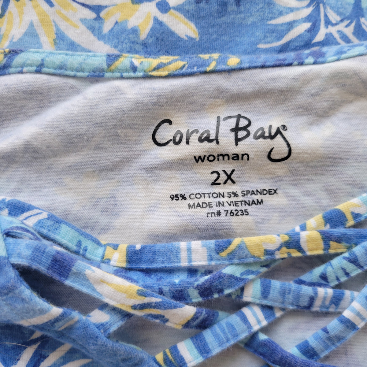 Coral Bay Tee 2X Plus Size Blue Yellow Tropical Floral Cotton V Neck FLO292E