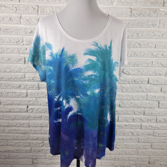 Sun Bay 1X Plus Blue Floral Palm Tree Tee Shirt Short Sleeve Round Neck FLO291E