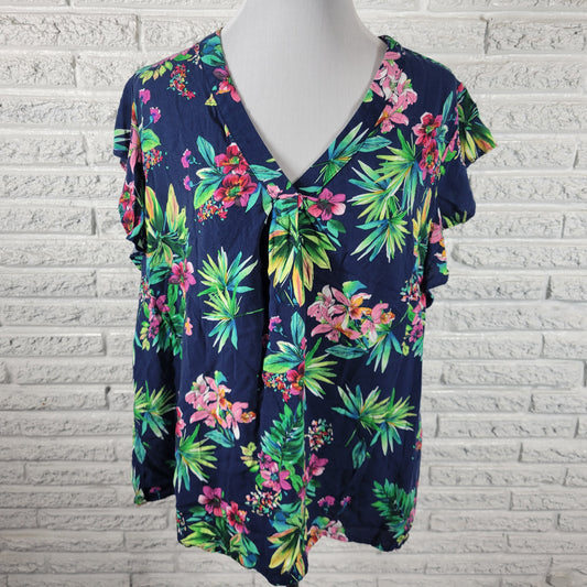 Jones New York 1X Plus Floral Blouse V-Neck Flutter Sleeve Rayon Top FLO104E