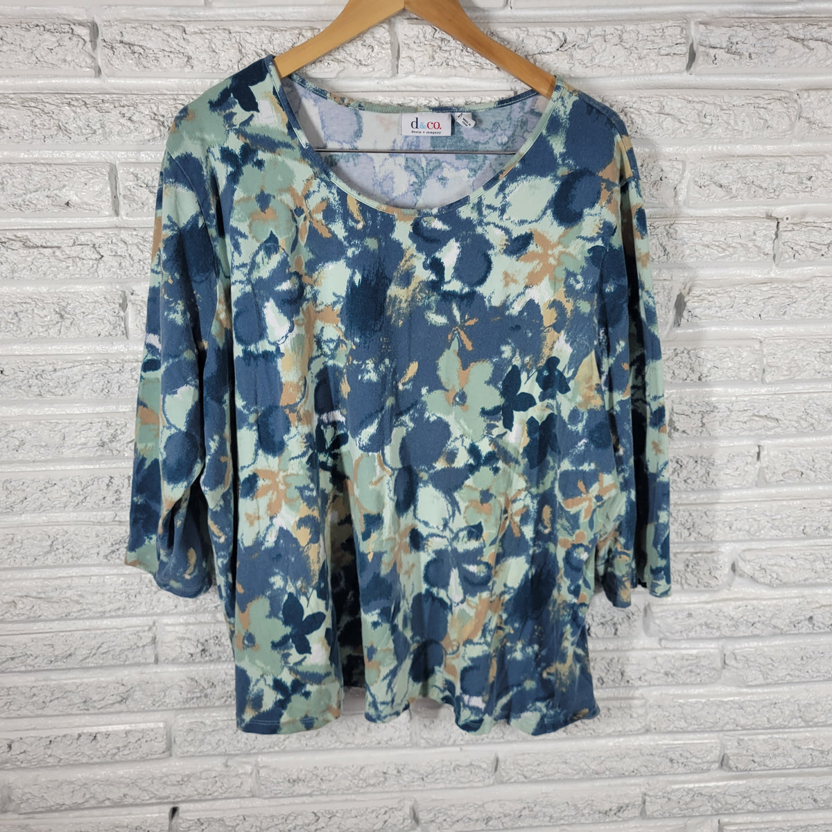 Denim Co Tee 3X Plus Size Blue Watercolor Floral 3/4 Sleeve Cotton FLO289XE