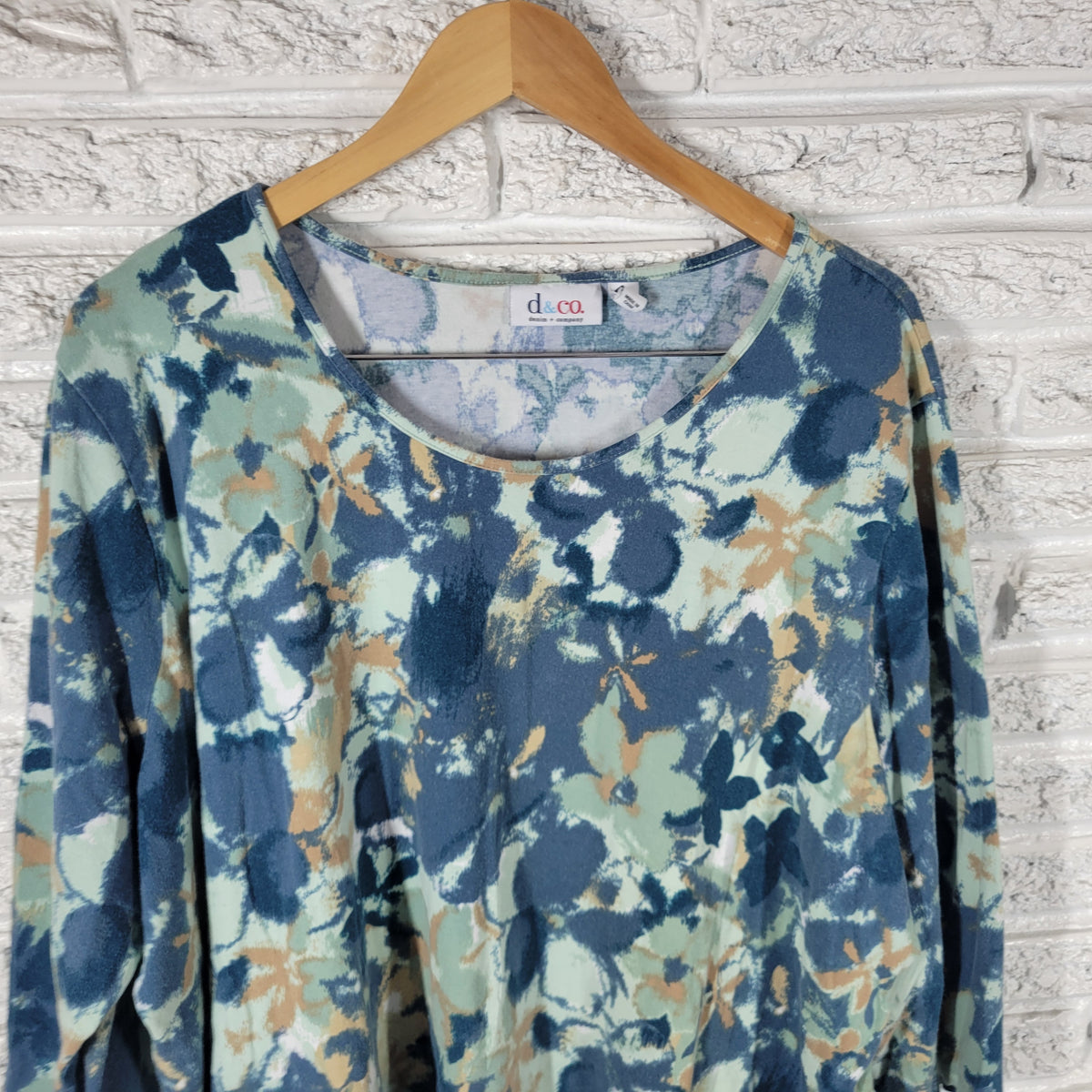 Denim Co Tee 3X Plus Size Blue Watercolor Floral 3/4 Sleeve Cotton FLO289XE