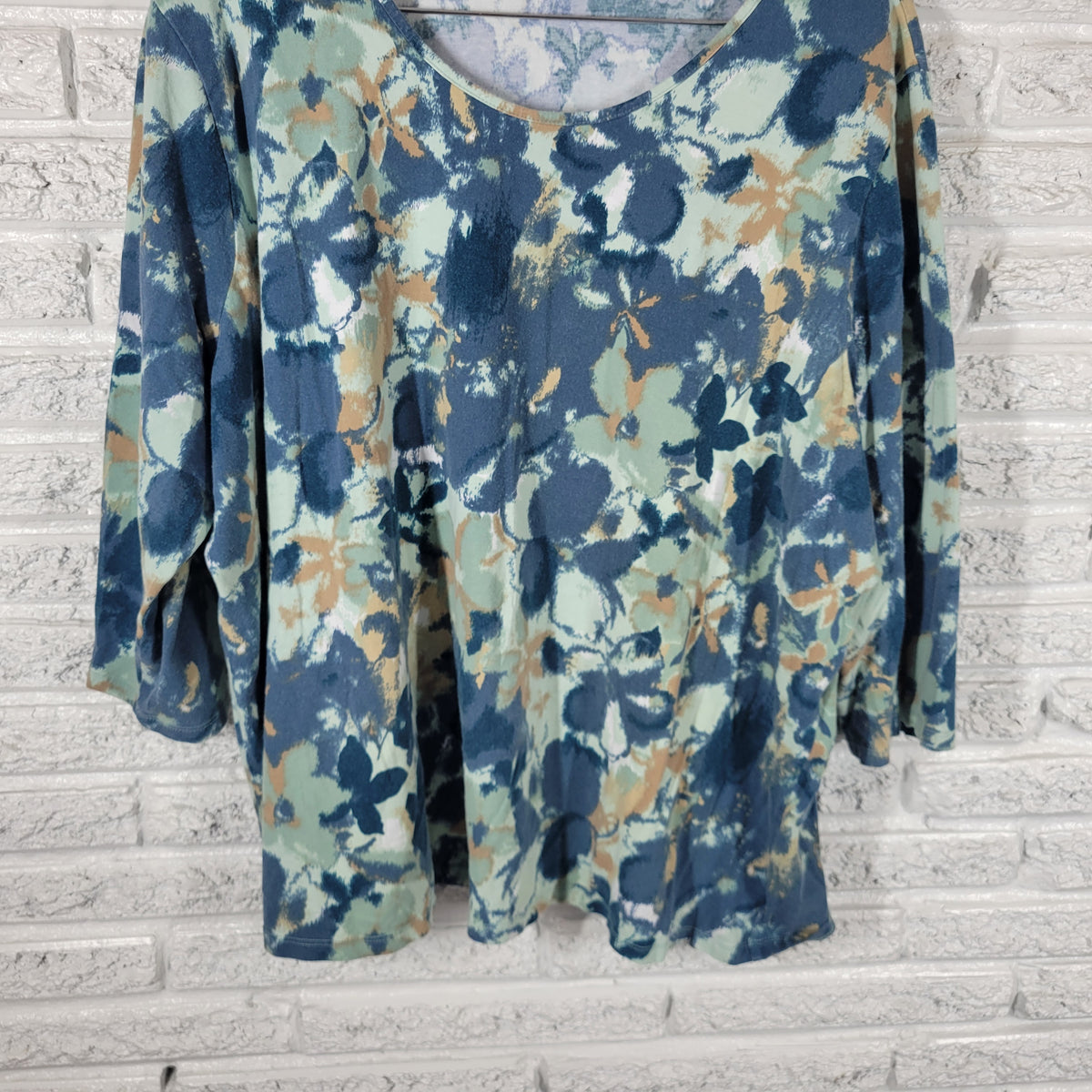 Denim Co Tee 3X Plus Size Blue Watercolor Floral 3/4 Sleeve Cotton FLO289XE