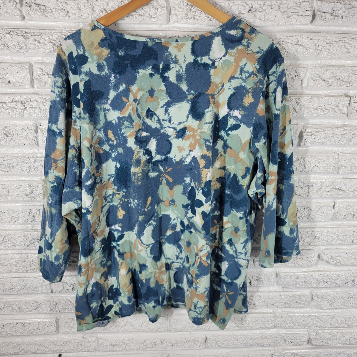 Denim Co Tee 3X Plus Size Blue Watercolor Floral 3/4 Sleeve Cotton FLO289XE