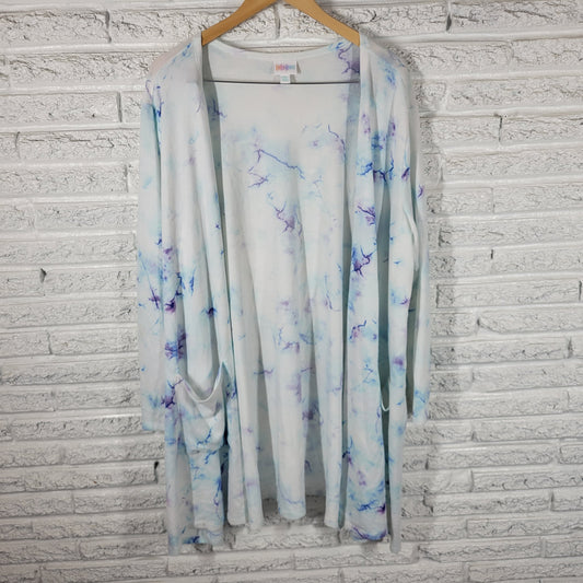 LuLaRoe Cardigan 2XL Plus Size Purple Blue Watercolor Open Front WAT107XE
