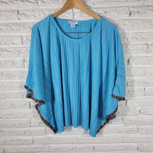 Cocobleu Kimono Blouse XL Blue Crinkle Crepe Fringe Round Neck Boho BLU28E