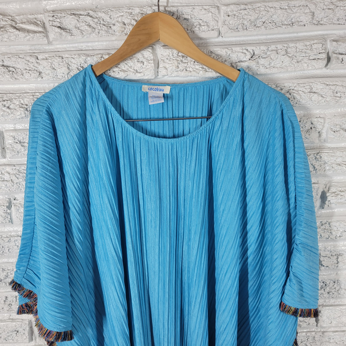 Cocobleu Kimono Blouse XL Blue Crinkle Crepe Fringe Round Neck Boho BLU28E