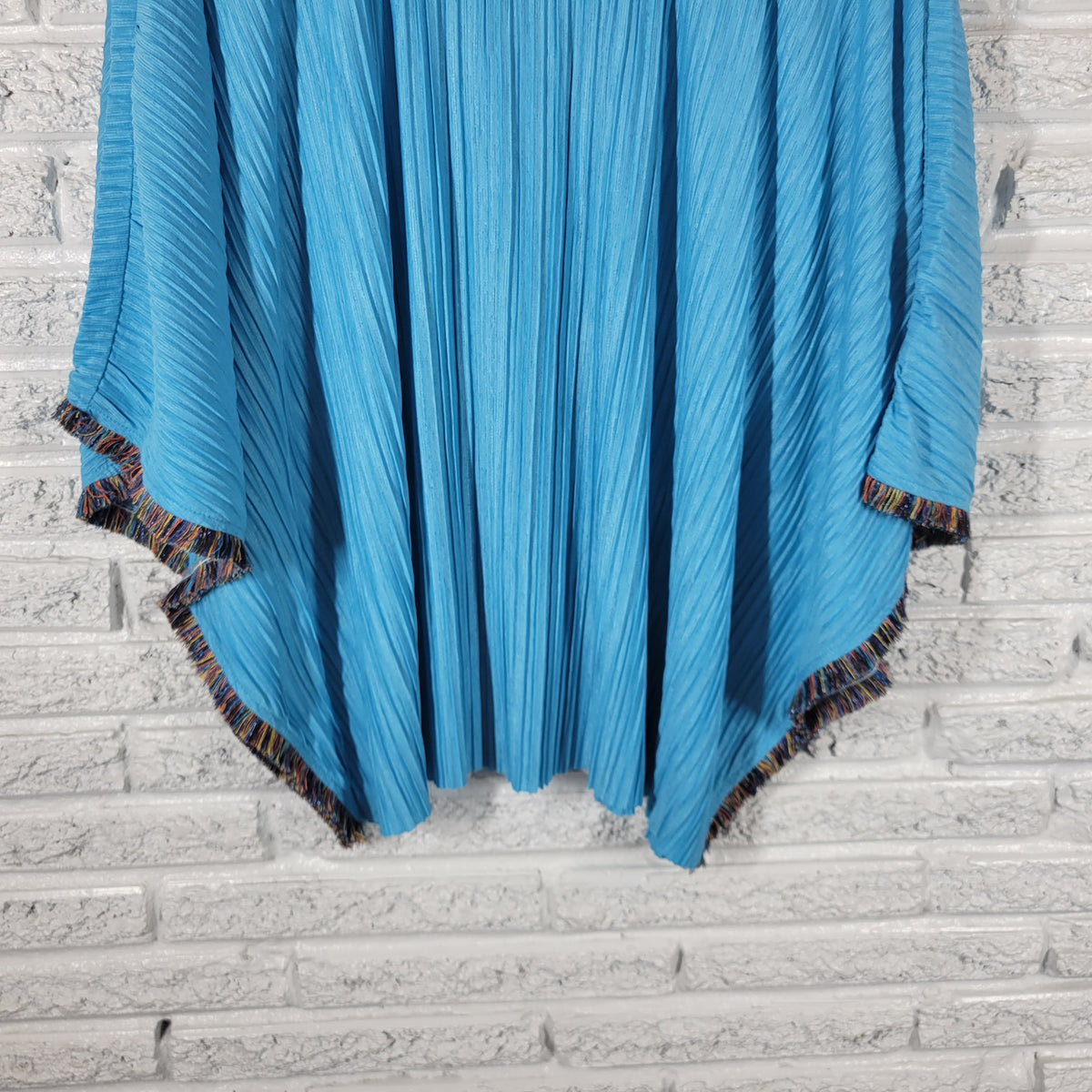 Cocobleu Kimono Blouse XL Blue Crinkle Crepe Fringe Round Neck Boho BLU28E